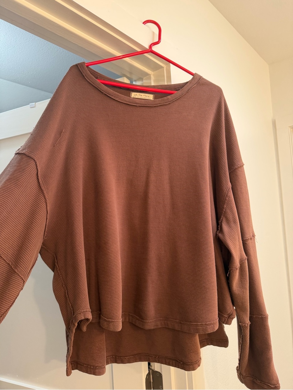 Free People Washed Ribbed Crewneck Sweater in Brown
